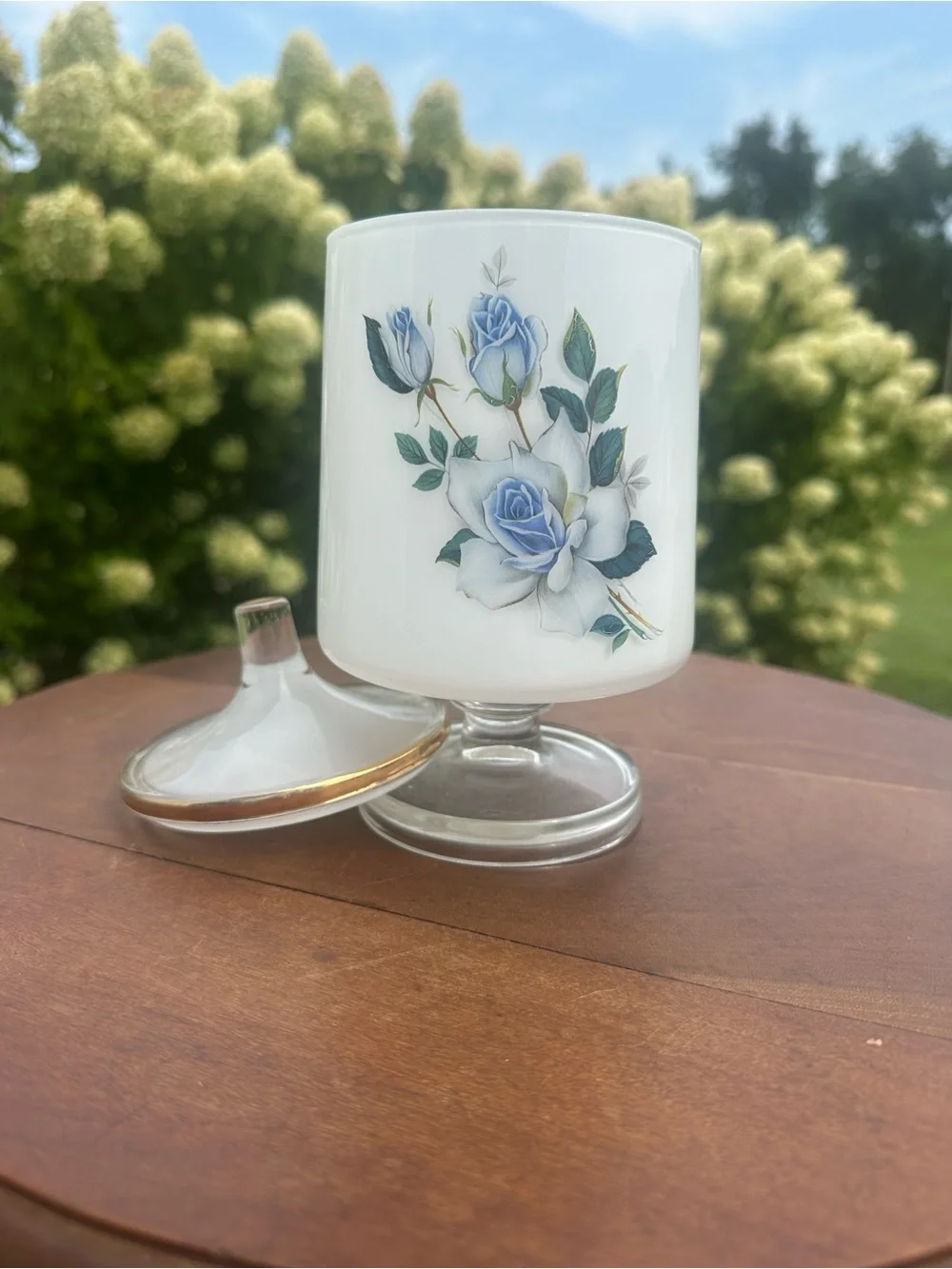 Vintage Decorative White Glass Pedestal Jar with Blue Rose Motif and Gold Trim